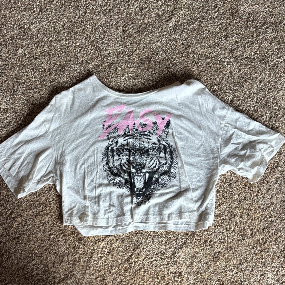 White Crop Tee with Pink 'Easy' Script and Tiger Graphic
